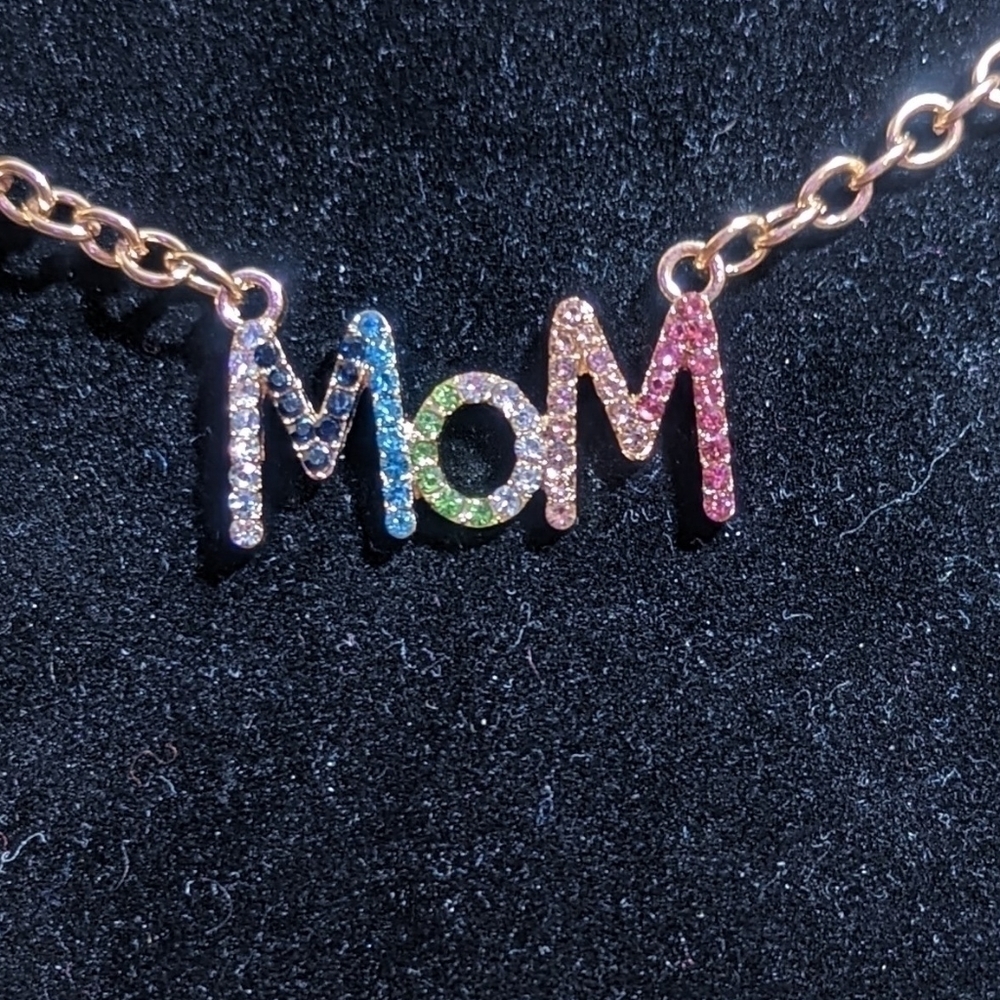 Pendant--MOM gold tone with color crystals gems